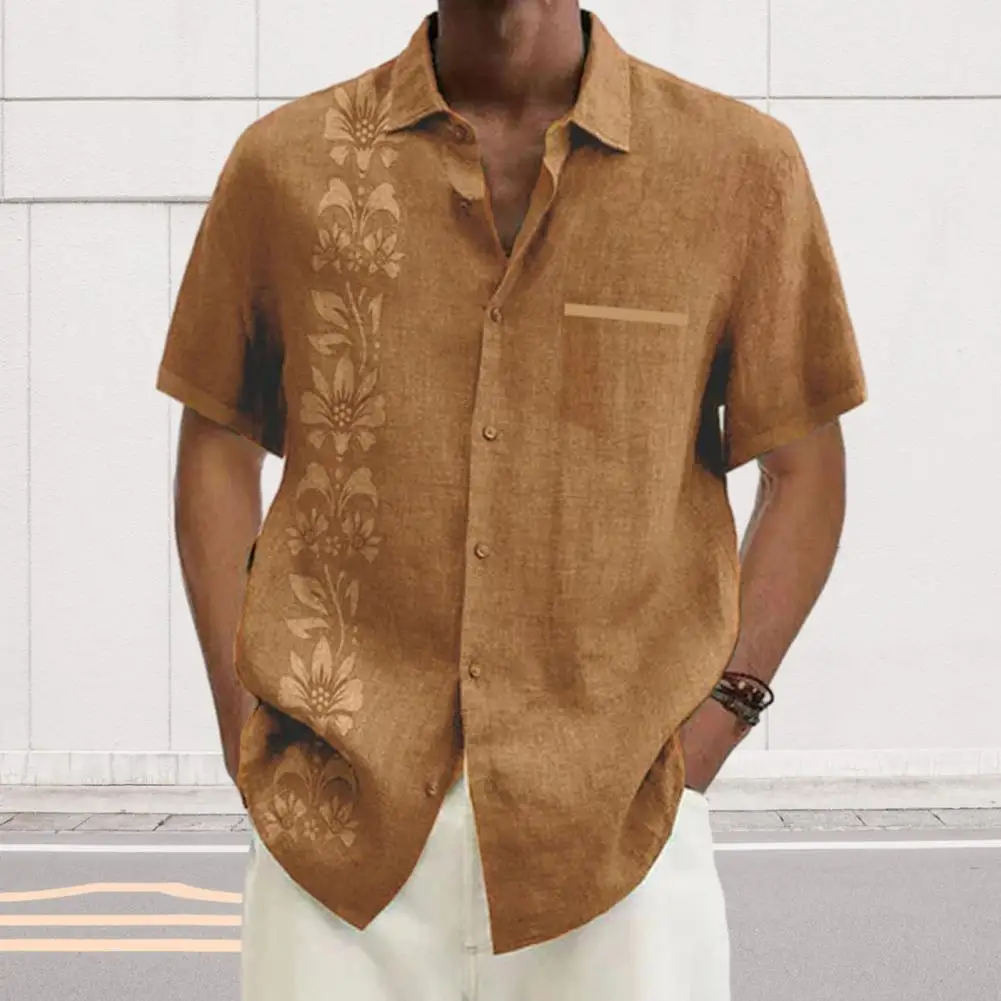 

Casual Style Men Shirt Flower Print Men's Streetwear Loose Fit Lapel Shirt with Patch Pocket Single Breasted Short for Summer