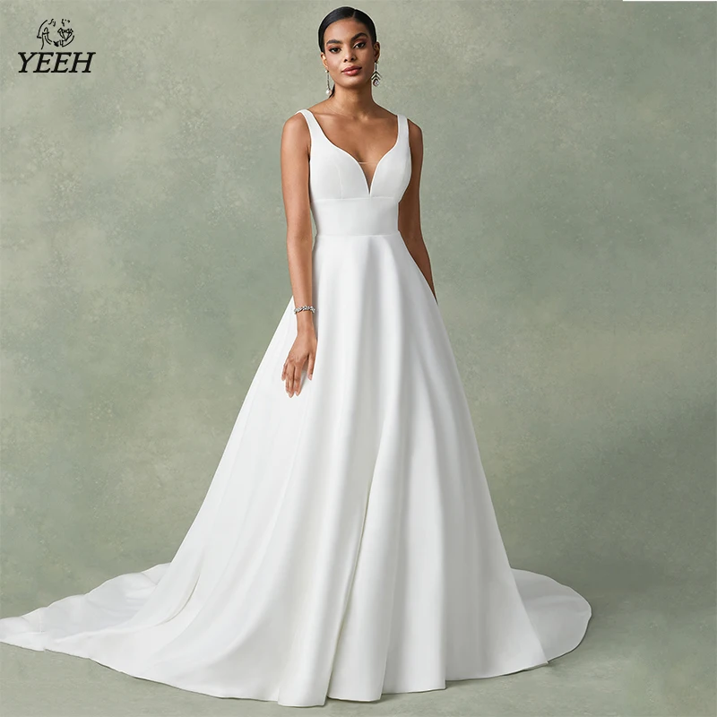 

YEEH V neck Wedding Dresses Straps Button A line Satin Floor Length Bridal Gowns for Bride Custom Made Girls Engagement Party