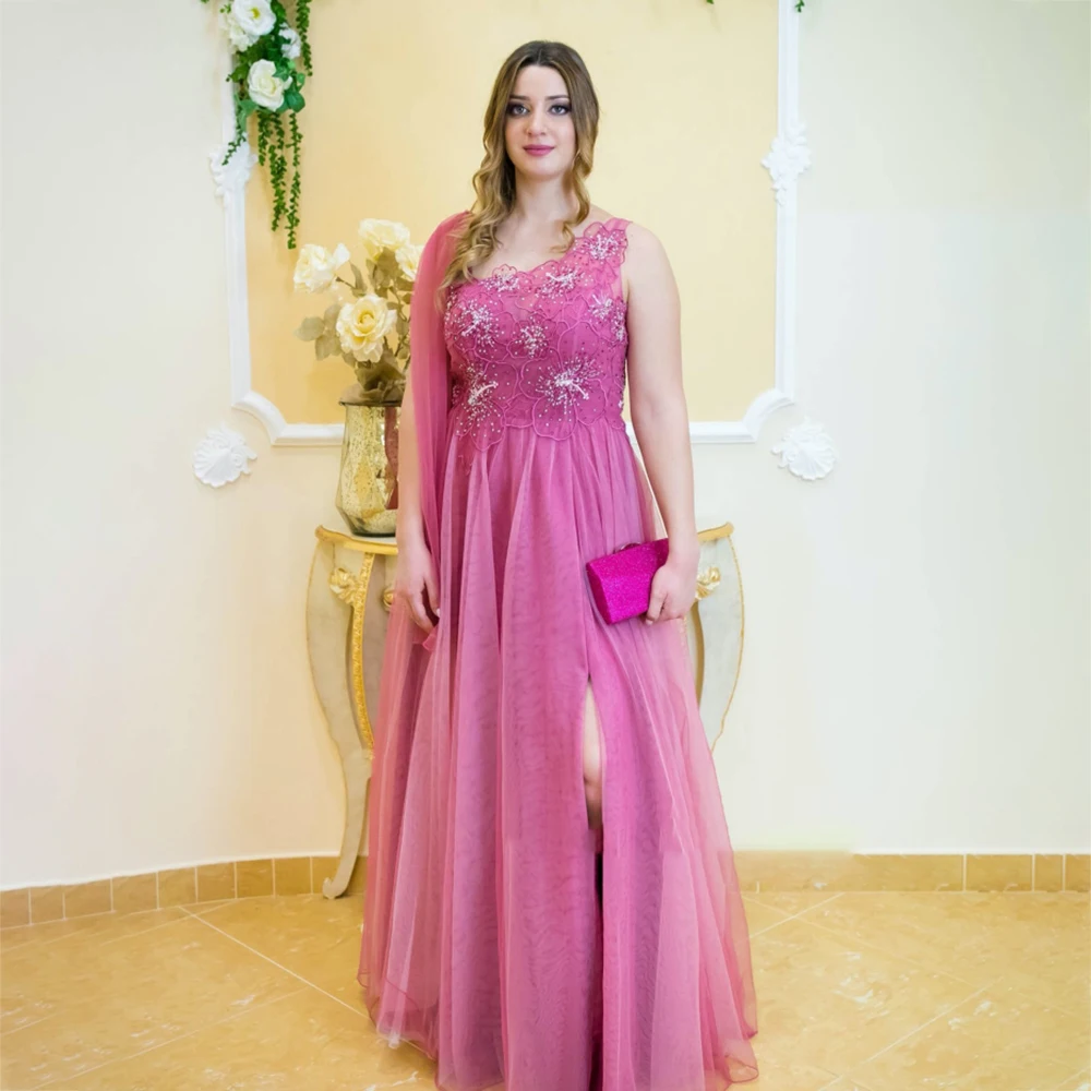 

Laxsesu Pink Tulle Mother Of The Bride Dress Sleeveless V Neck Wedding Party Dresses Side Slit Wedding Guests Gowns 2022