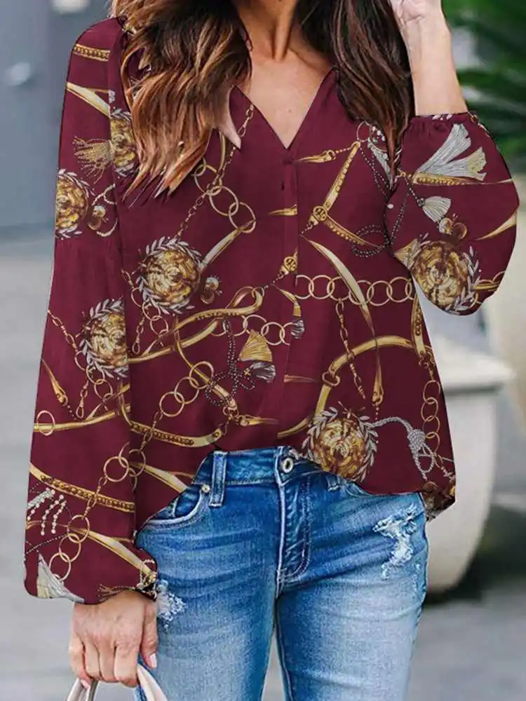 

Fashion OL Leisure Printed Tops Tunics Women ZANZEA Casual V Neck Blouse Puff Sleeve Blusas Oversized Office Lady Chemise Mejur
