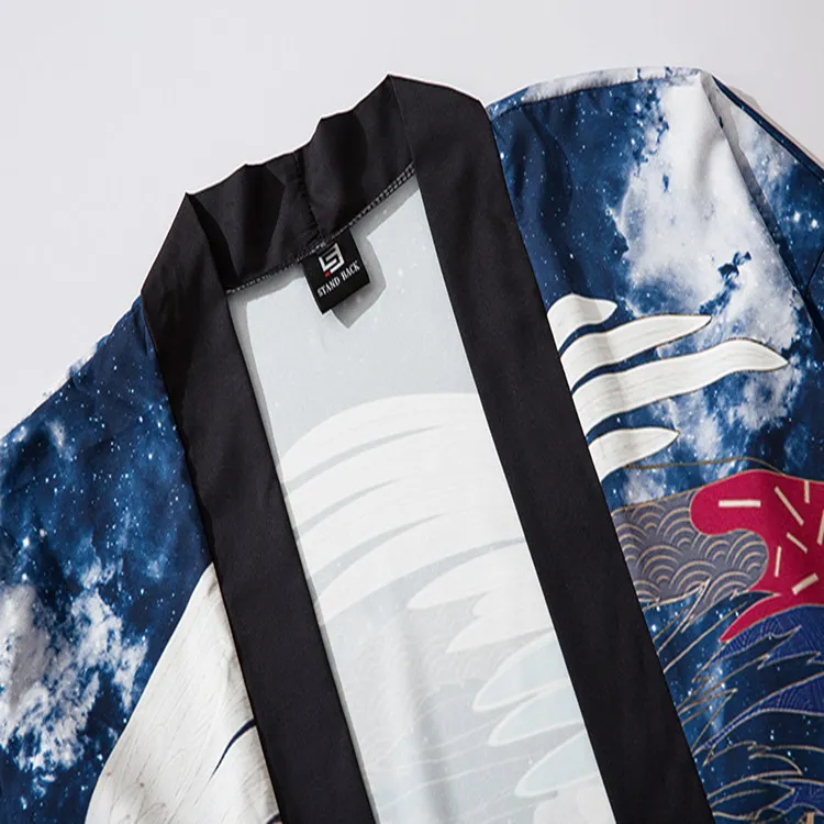 Crane Print Men 3/4 Sleeve Kimono Tao Robe Casual Cardigan Couple Rayon Hanfu Summer Chinese Underwear Home Bathrobe Shirts Coat