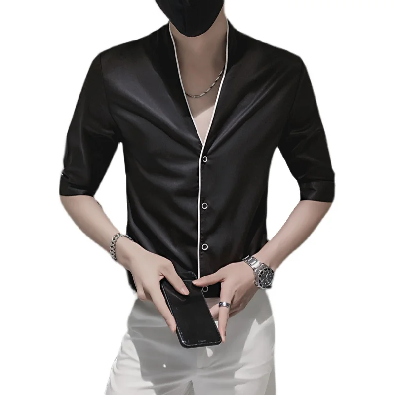 Summer Men's Solid Color Shirt Slim Fit Casual V-neck Shirts Business Formal Dress Half Sleeve Tops High Quality Male Clothing