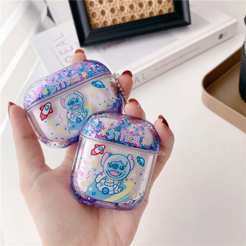 

Cute Disney Stitch Quicksand Earphones Case for Apple AirPods Air Pods 1 Pro 2 3 Cover Headphone Anti-fall Box