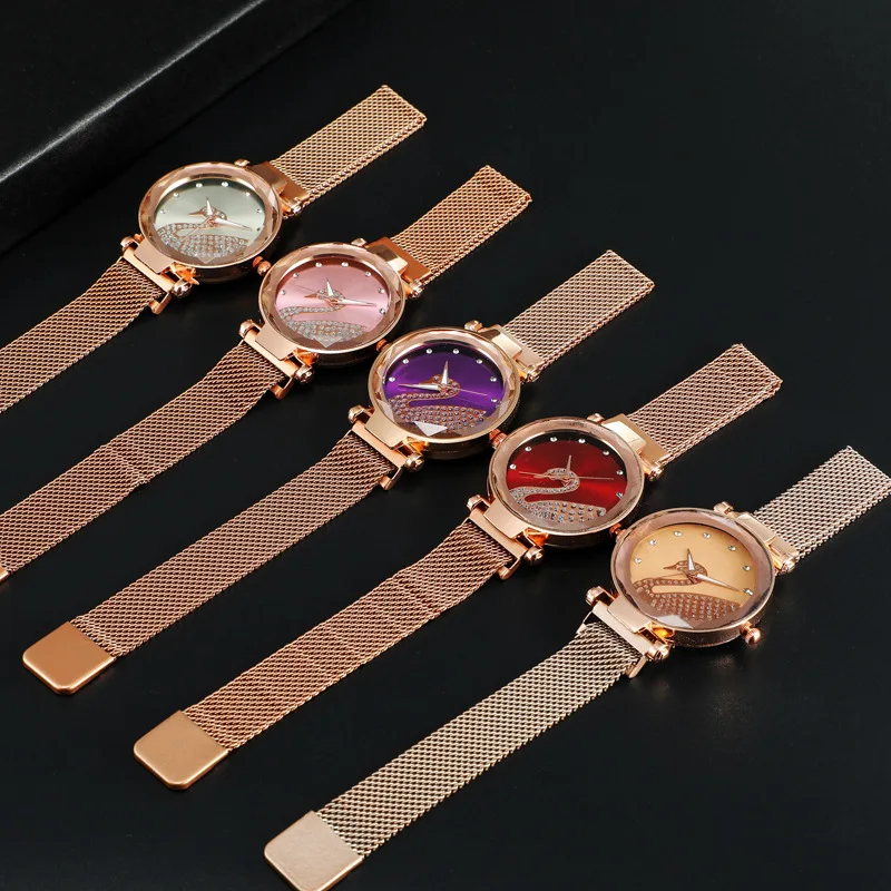 Little Swan Pattern Advanced Women Fashion Versatile Simple Diamond Magnet Buckle Mesh  Strap Quartz Watch Gift Essential