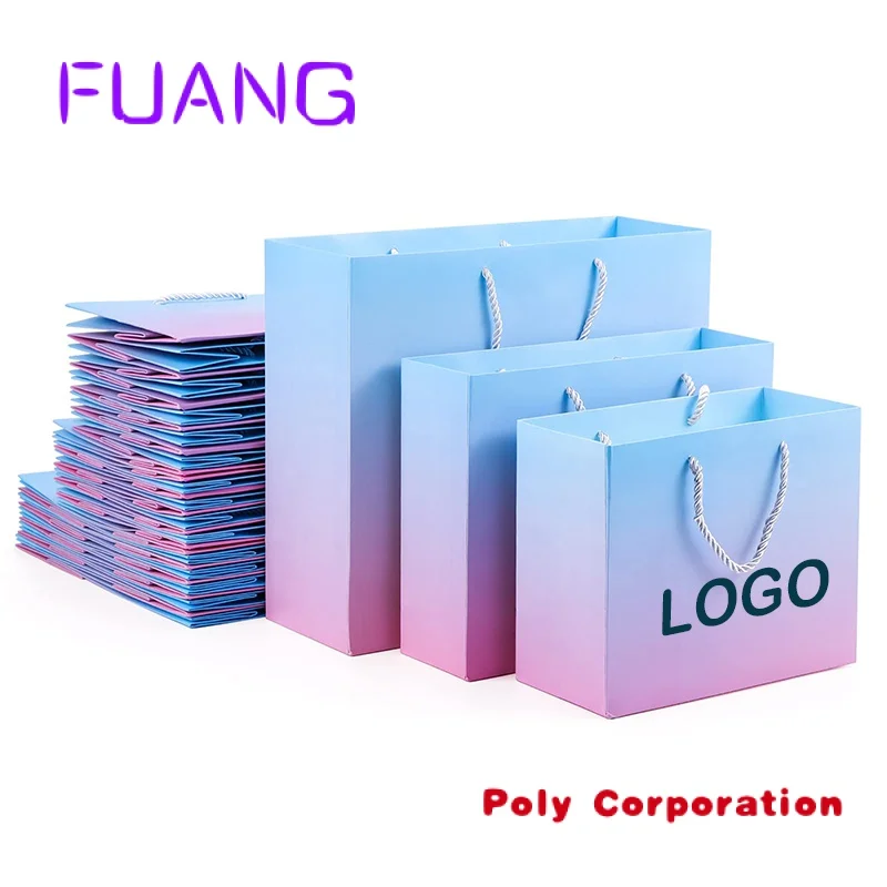 Custom Brands Printed Logo Blue Pink Colorful Boutique Paper Luxury Gift Clothing Packing Bag Shopping Bags With Rope Handle