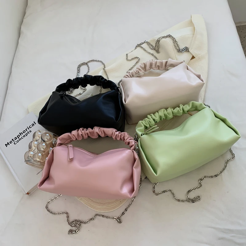 Small PU Leather Crossbody Sling Bag with pleats Handle 2023 Summer Trendy Women's Designer Handbag Tote Luxury Shoulder Bags