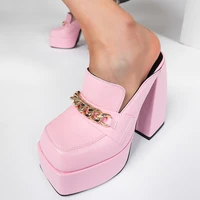 sexy square toe comfortable high heel shoes gold chain cow leather upper slip on sandals summer autumn women platform