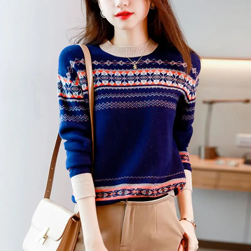 

Fashion O-neck Sweater Womens 2023 New Winter Loose Casual Patchwork Striped Knitting Pullovers Clothing 2023 News Ladies V78