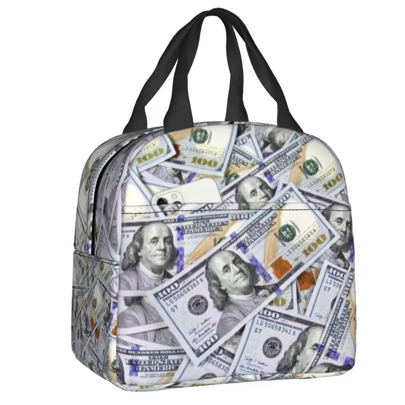 

One Hundred Dollar Bills Thermal Insulated Lunch Bags Women Money Portable Lunch Tote for Outdoor Picnic Multifunction Food Box