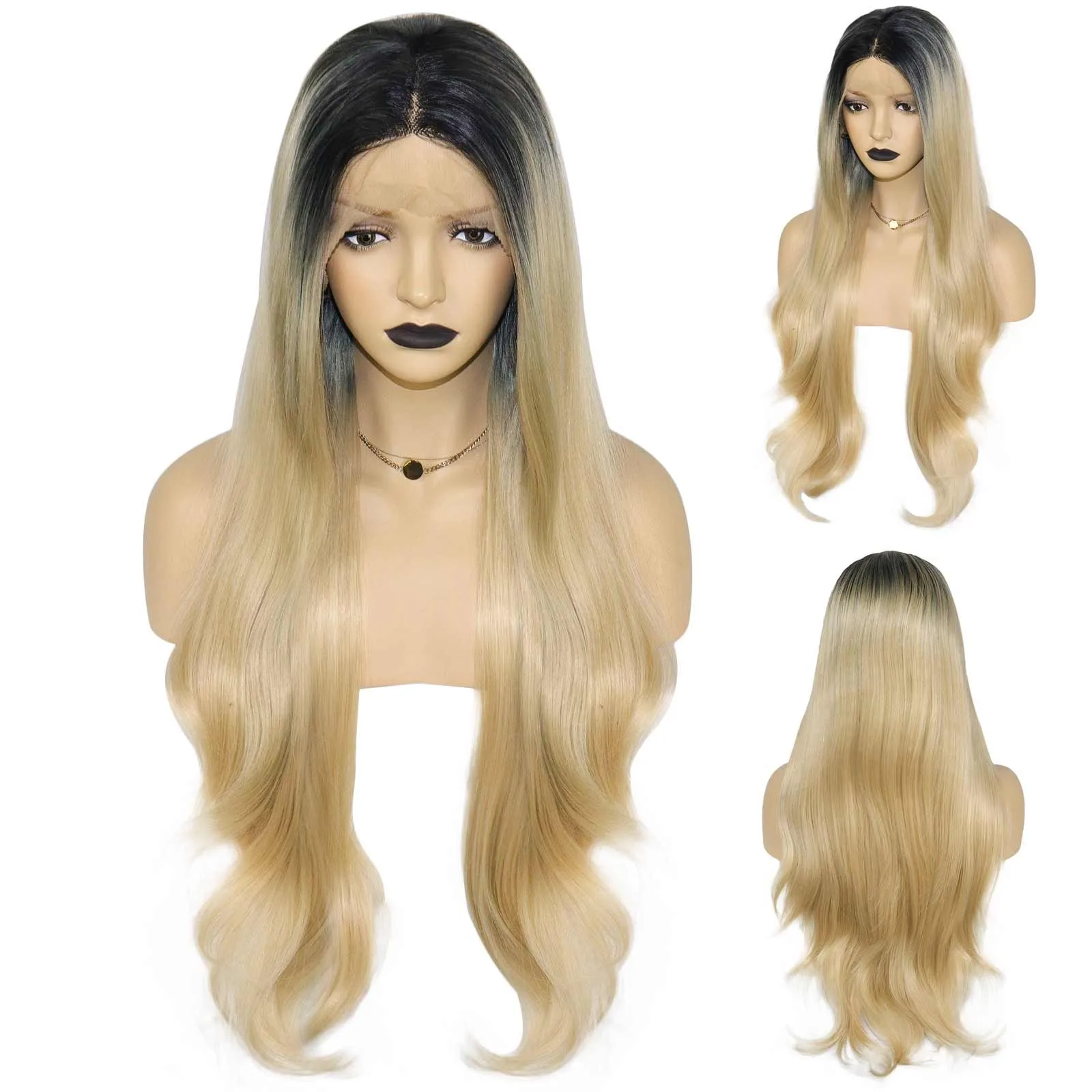 Anogol Synthetic 13*1T Part Lace Wigs Heat Resistant Fiber Middle Part Ombre Blonde Long Wavy Glueless Wigs For Black Women