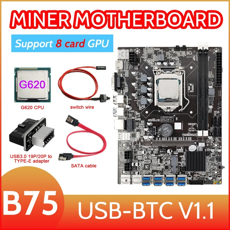 

Материнская плата B75 8 карт для майнинга BTC + процессор G620 + адаптер USB 3,0 + кабель SATA + кабель переключателя 8X USB 3,0 слот LGA1155 DDR3 ОЗУ MSATA