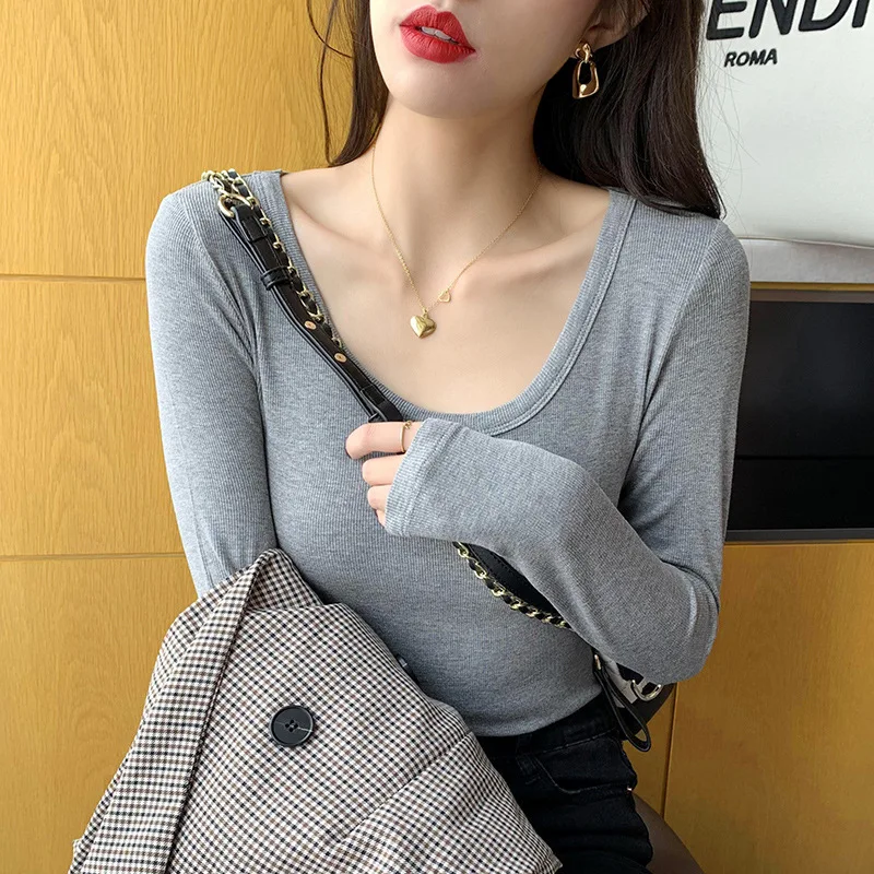 

Wholesale Solid Long Sleeve T Shirts O Neck Crop Top Women Spring Autumn Casual T Shirt Basic Sexy Slim V Neck Simple Thin Tops