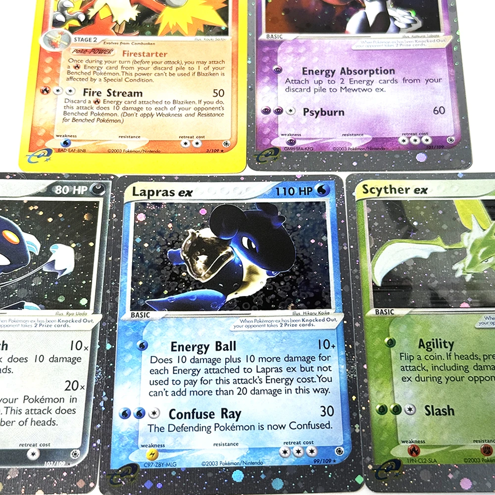 Фото Коллекционные карты PTCG Ruby & Sapphire Series PKM: Редкие фольгированные карты Blaziken (прокси-карты) # 3 Лапрас экз. # 99 Мьюту ex # 101 Scyther ex # 102 Снейсел ex # 103 №3
