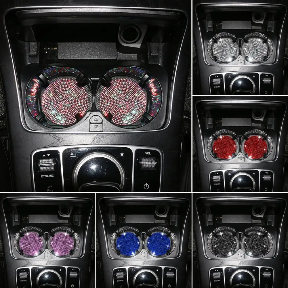 

2Pcs Car Cup Coaster Shiny Rhinestone Waterproof PVC Protecting Surface Car Bottle Mat for Home