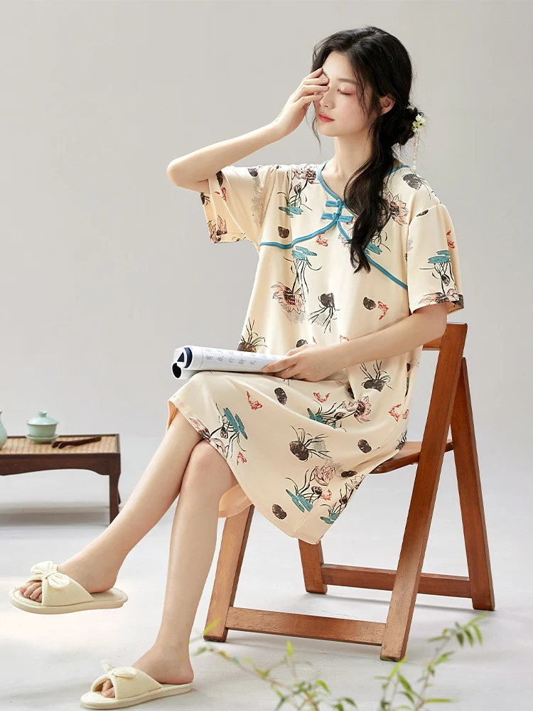 Ночная рубашка женская летняя из чистого хлопка с короткими рукавами в китайском