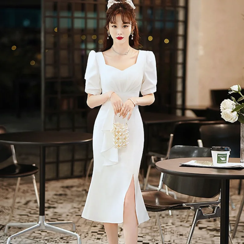 

2023 Summer Women's Square Neck Short Sleeve Temperament Mid length Slim Fit Fishtail Split Dress