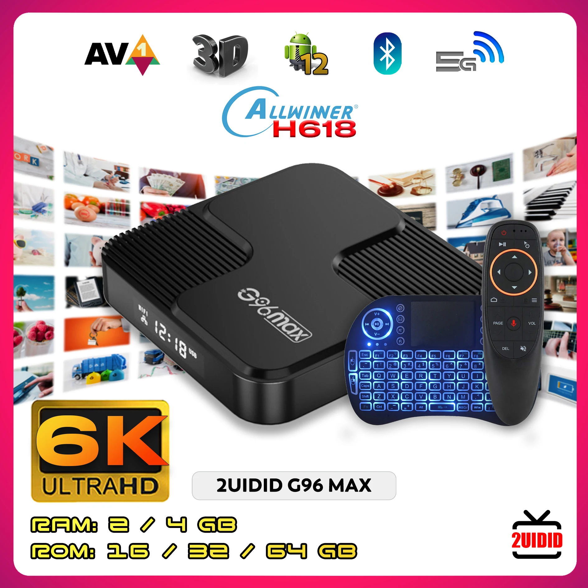 

2UIDID G96 MAX TV Box Android 12 Allwinner H618 Chip 6K 2.4G&5Ghz WiFi Support AV1 Set Top Box Smart Media Player TVBOX 4GB 64GB