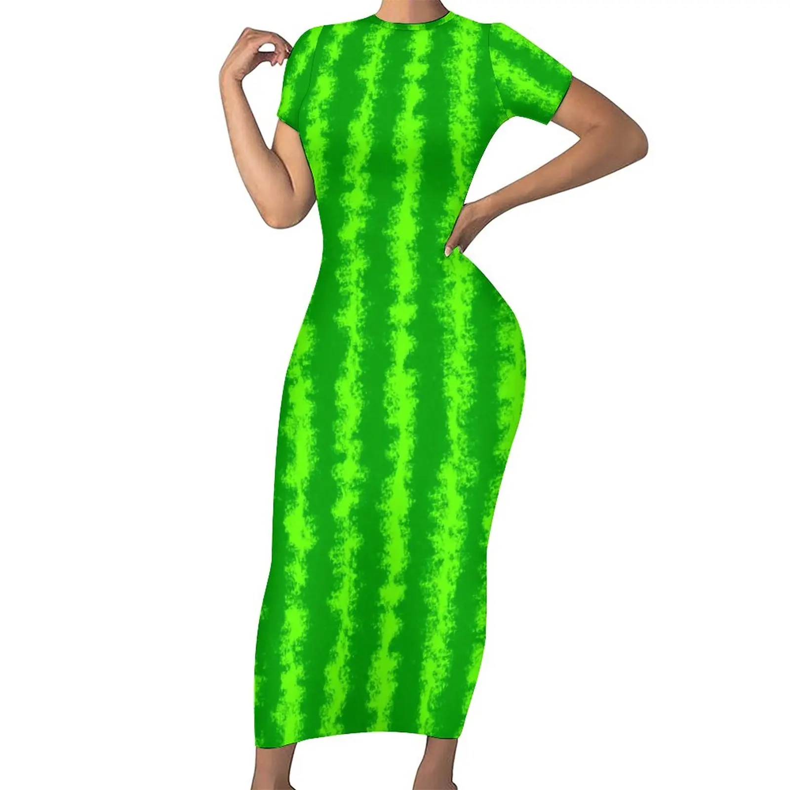 

Женское платье-макси в зеленую полоску, с принтом арбуза