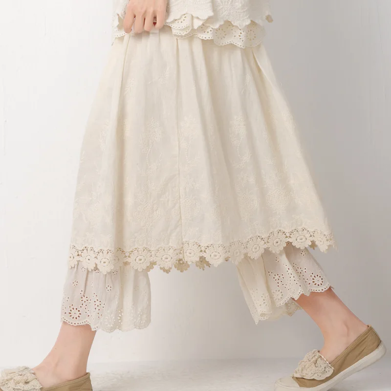 

Johnature Skirt Japanese Women Elastic 2023 Summer New Embroidery Loose Solid Color Vintage Harem Waist Ankle-length Pants Skirt