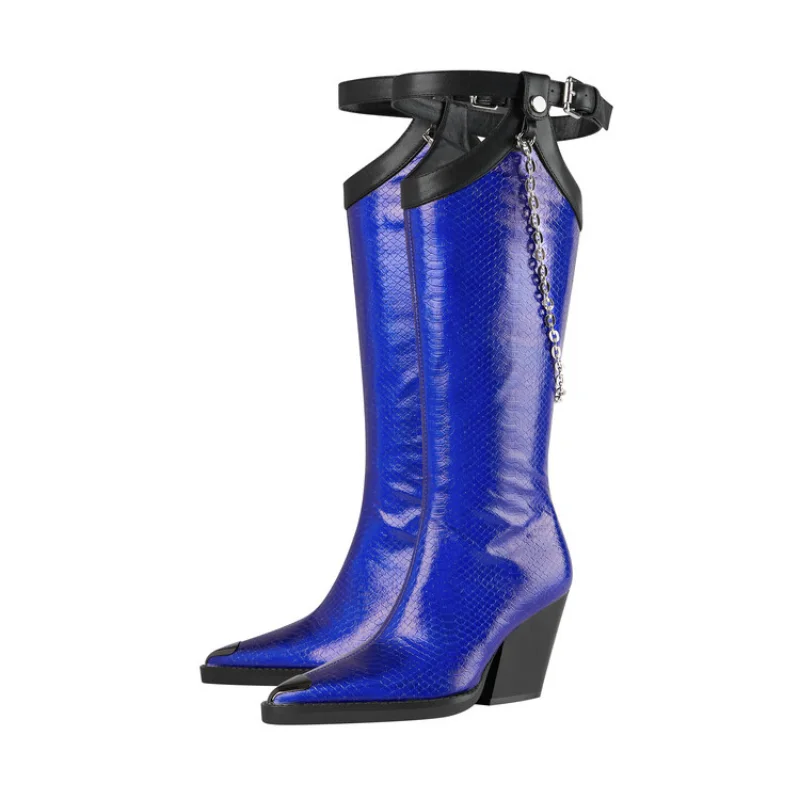 2023 New Sharp Head Color Combination High Wedge High Heel Chain Belt Buckle Sexy Fashion Boots Women M6133