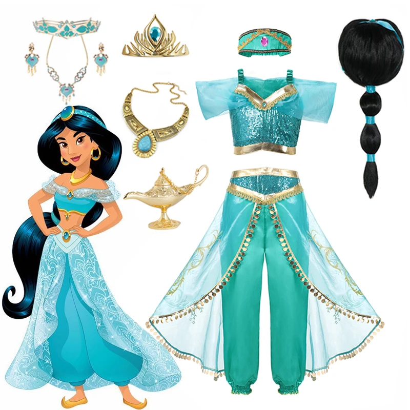 Jasmine Dress of Girl Birthday Party Carnival Fantasy Cosplay Disney Aladdin agic Lamp Moana Elena Princess Costume Clothing Set