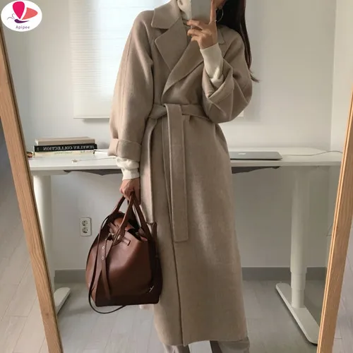 Женское элегантное длинное шерстяное пальто с поясом однотонная шикарная