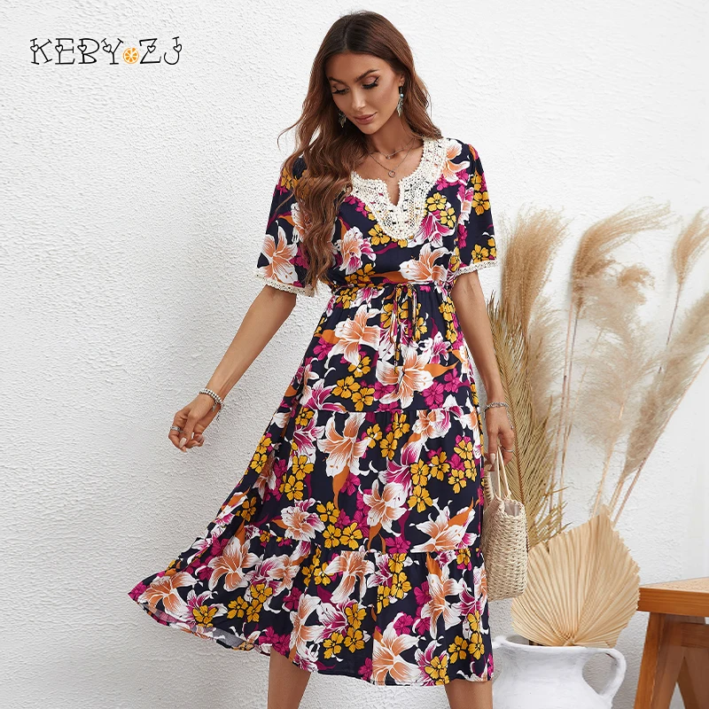 

KEBY ZJ Summer Woman Elegant Midi Dress Urban Party Casual Beach Holiday V Neck Viscose Vestidos Flower Printed Vintage Dresses