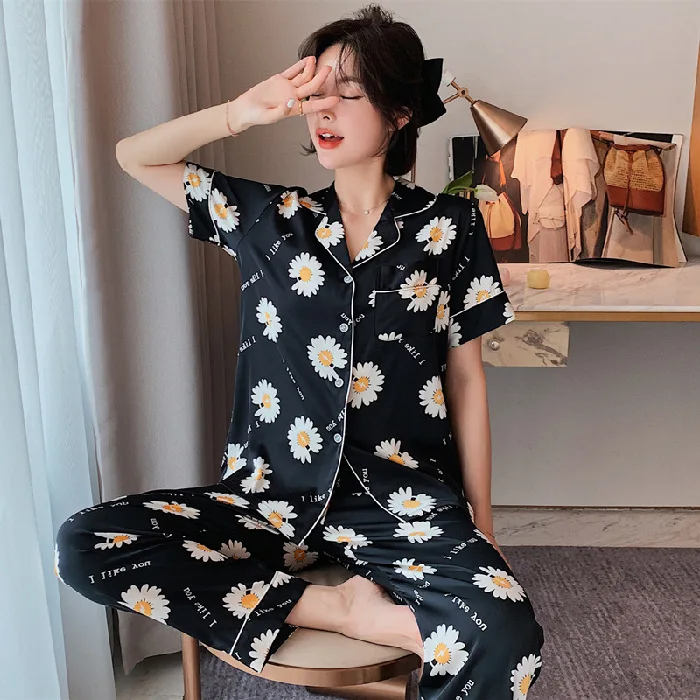2021 Women Summer 2 Pieces Pajamas Silky Satin Floral Printing Pajamas Lady Pajamas Party Women Sleepwear Pyjamas