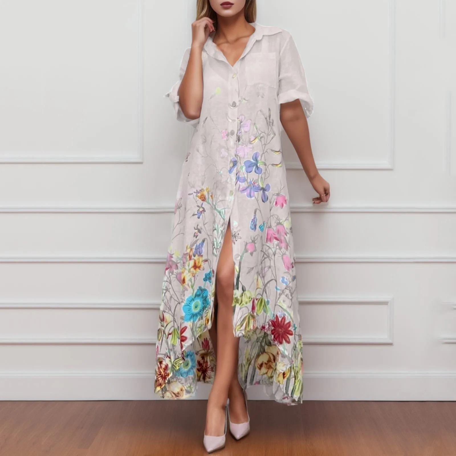 

Beach Shirt Dress Women Print V-neck Long Sleeve Loose Dress Floral Print Bohemian Beach Party Vestidos Robe Sundress 2023 New