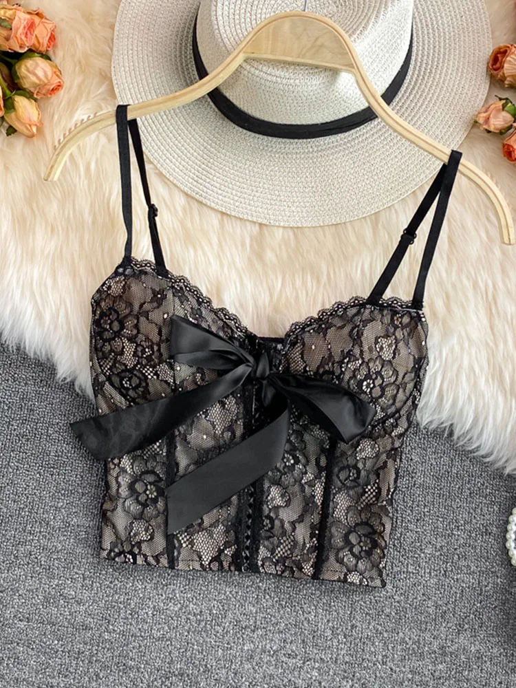 

Женская кружевная блузка на тонких бретельках, с бантом