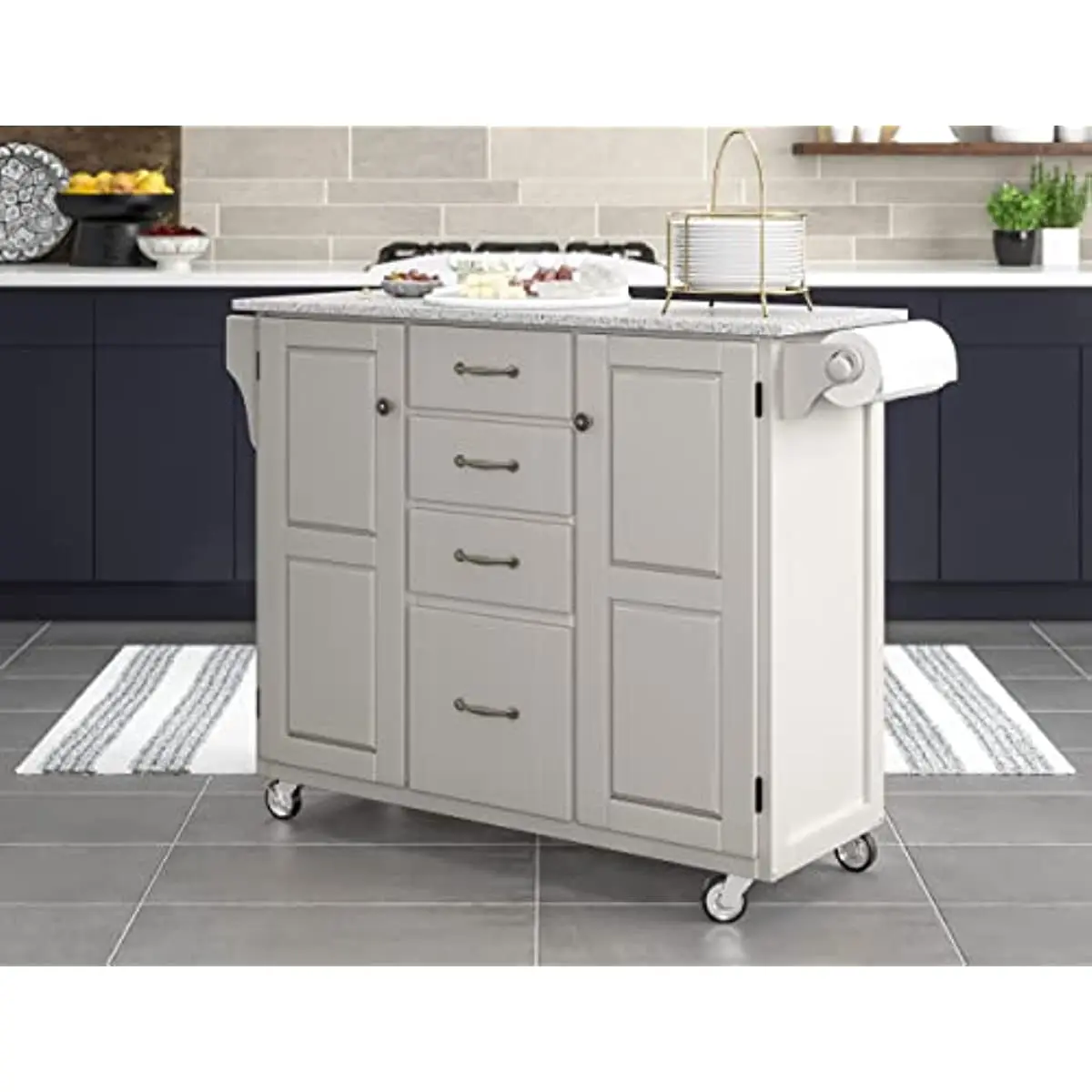 

White 2 Door Cabinet Kitchen Cart with Salt and Pepper Granite Top by Home Styles