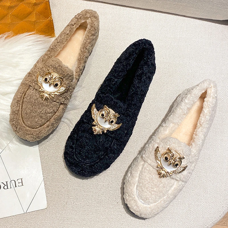 Ladies Winter Plush Cotton Flats Wool Fur Loafers Women Warm Charms Owl Stones Lolita Moccasins Curly Lambswool Shoes