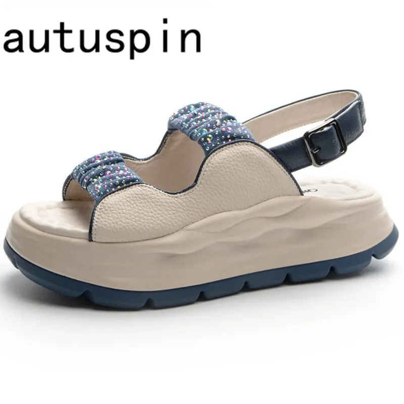 

Autuspin 5cm Cow Genuine Leather Rhinestone Platform Wedge Flats Leisure Bling Sandals Luxury Comfy Peep Toe Women Summer Shoes