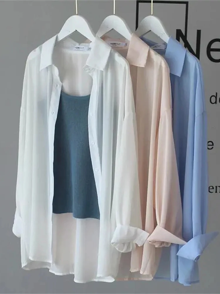 

JMPRS Chiffon Women Perspective Long Shirts Loose Oversize Summer Thin Sun Shirt Button Up Korean Fashion Solid Ladies Tops