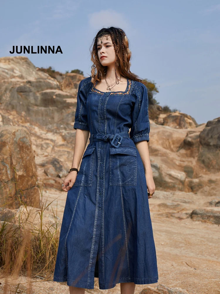 

JUNLINNA Fashion Designer Women Jeans Dress Square Neck Half Sleeve Single Breasted Expansion Vestidos Embroidery Sliming Wear