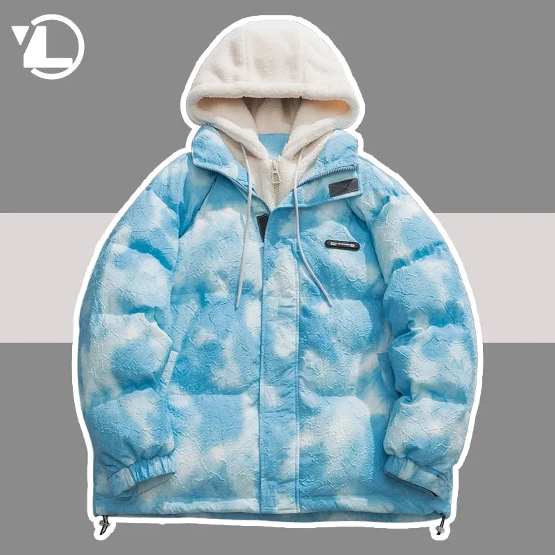 Mens Winter Hooded Parka Jackets Streetwear Hip Hop Tie Dye Fuzzy Fluffy Hooded Thick Warm Coats Harajuku Fashion Casual Outdoor