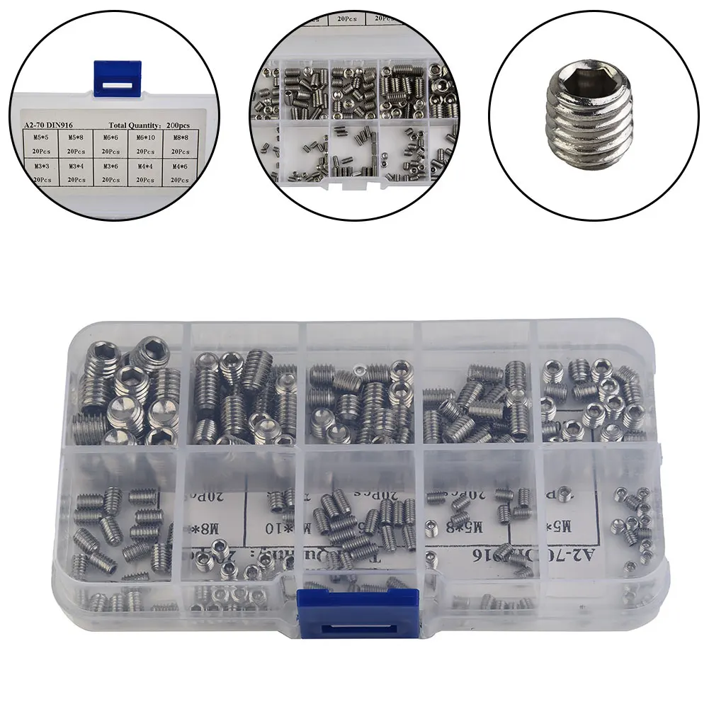 

200pcs M3-M8 Hex Wrench Socket Cap Flat Head Screws Stainless Steel Boxed Assortment Classification Kit Woodworking Hand Tools