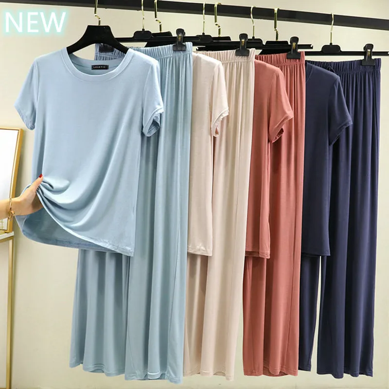 Women's Modal Pajamas Sexy Sleepwear Set Top Women Solid Pajama Set 2Piece/Suit Short Sleeves Shirt Pant Lingerie Mom Homewear