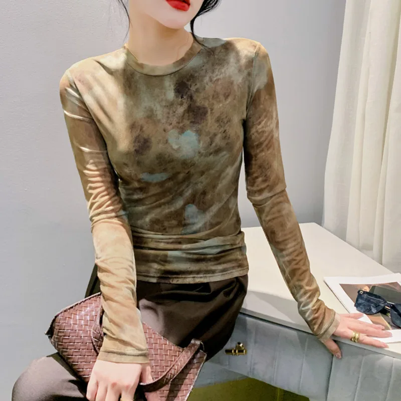 #8636 весенне-осенняя Сетчатая футболка с принтом Женская винтажная облегающая