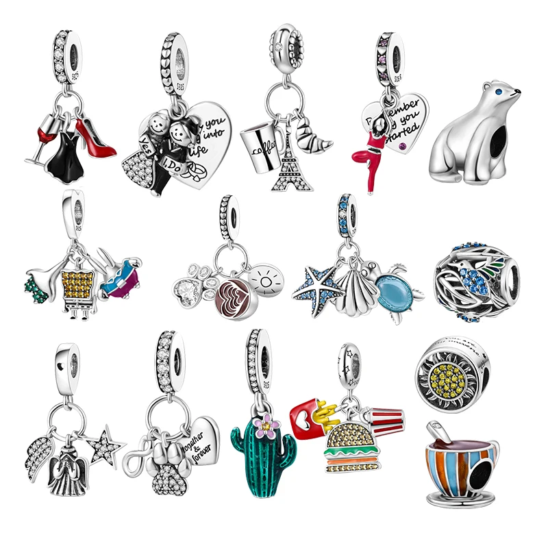 

Bear Silver 925 Charms Cactus Beads Sea Turtle Shoe Wine Pendant For Pandora Charm Bracelet Original Design DIY Jewelry