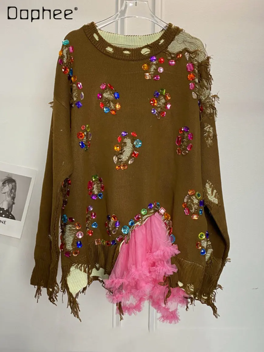 

Женский трикотажный пуловер с вырезом лодочкой, потертый Асимметричный модный брендовый свитер со стразами, Осень-зима 2022