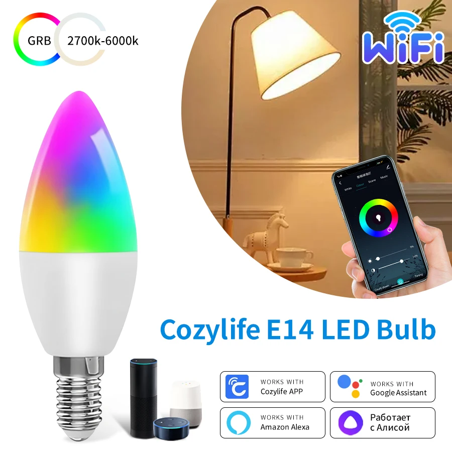 Умная Светодиодная Лампа Cozylife Wifi E14 Голосовое Управление Rgb Совместимая С Alexa Google