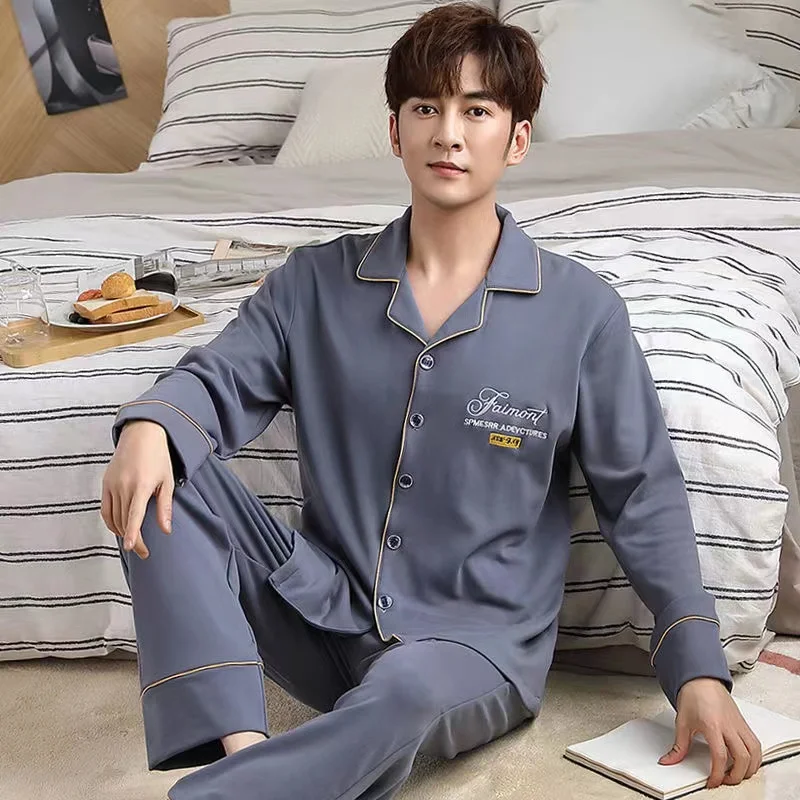 100% Cotton Pajamas Set For Men Spring/Autumn Plus Size Long-Sleeved Trousers Sleepwear 2 Piece Set Home Clothes Homewear