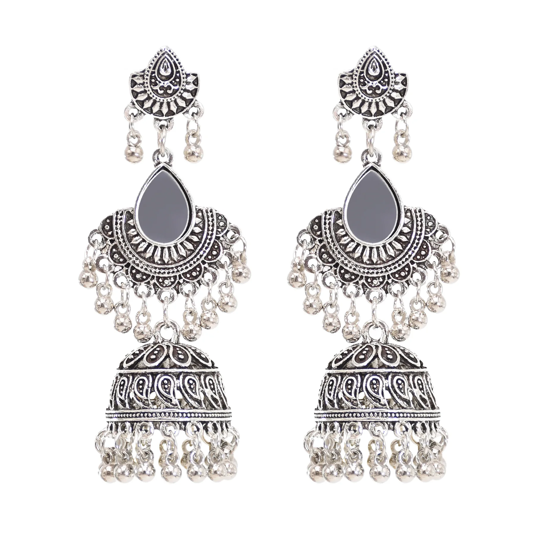 

Retro Silver Ethnic Big Bell Pendant Indian Earrings For Women Classic Sector Mirror Court Bollywood Oxidized Drop Earr Jewelry