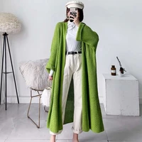 2022 autumn and winter fashion loose long knitted cardigan solid color over the knee flared sleeve thick line sweater coat