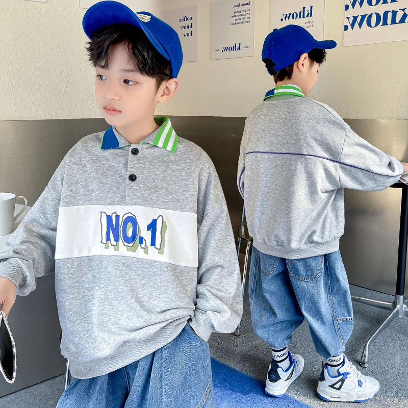 

Kids Boys Sweatshirt Spring Autumn New Grey Black Polo Shirt Teen Cotton Long Sleeve Sport Tops Child Pullover 6 8 10 12 13 14Y