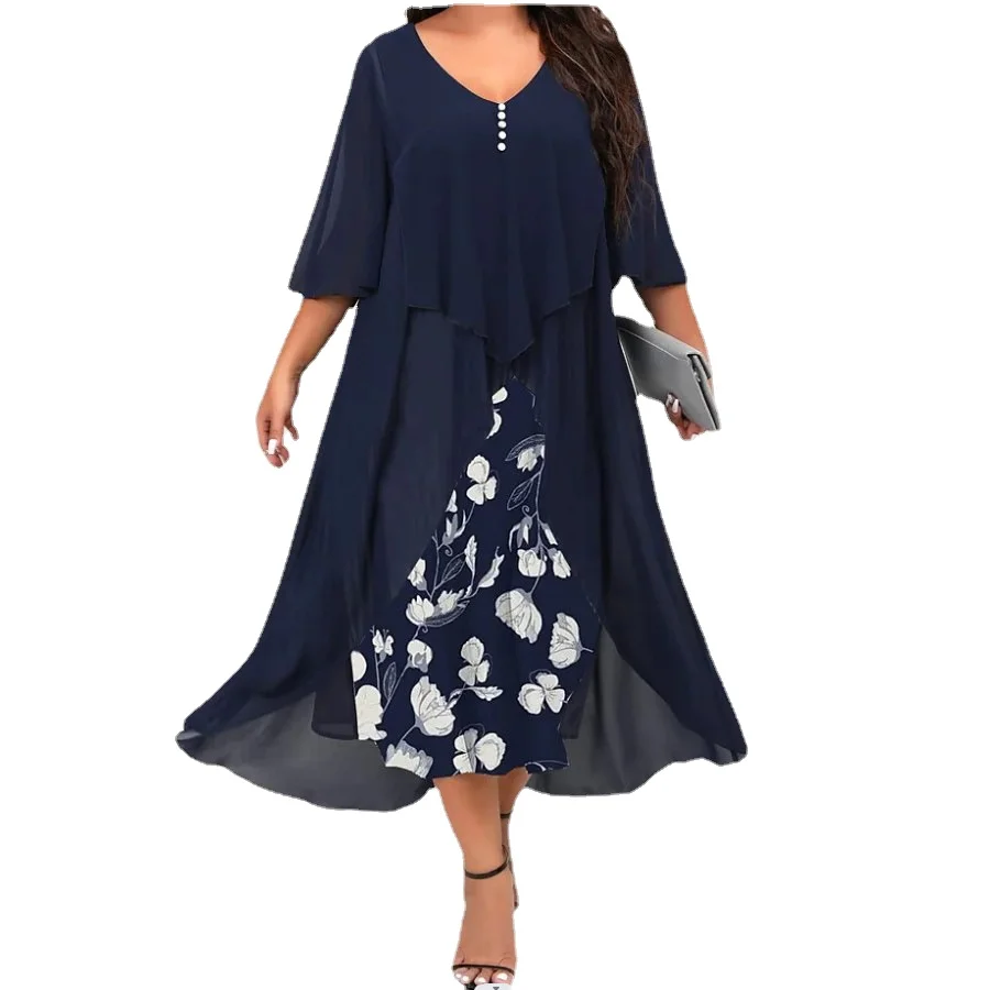 

Women's plus Size Chiffon Stitching Fake Two-Piece Irregular Half Sleeve Dress big size women's clothing robe femmes été