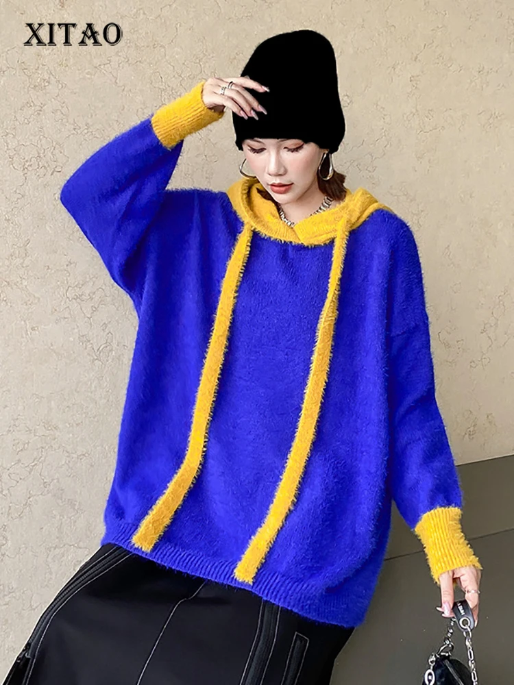 

XITAO, вязаный пуловер контрастных цветов, свитер, свободный, простой, Повседневный, с капюшоном, воротник, женский топ, 2022, Осень-зима, новинка, ...