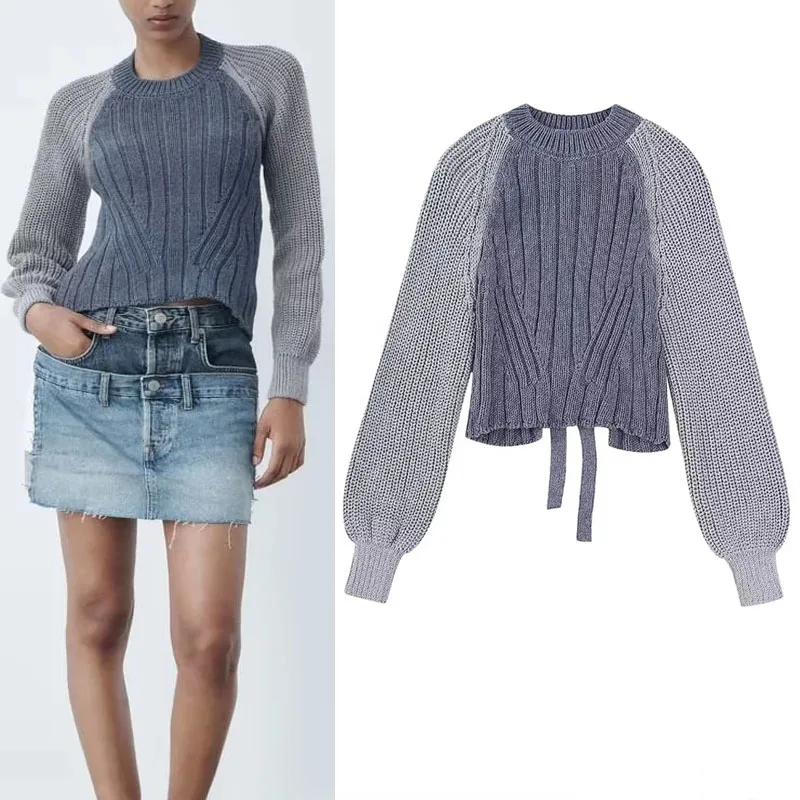 

TRAF 2023 Women's Sweater Summer Sexy Open Back Knit Pullovers Fashion Female Clothing Long Sleeve Sweater Y2K Streetwear Tops