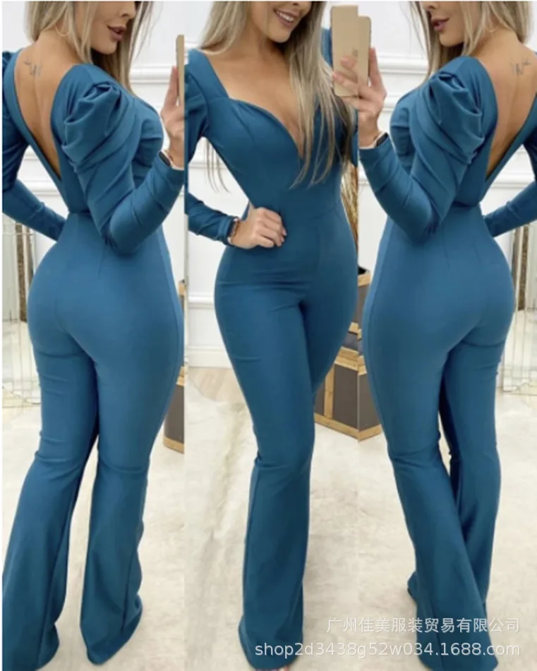 

Long Sleeve High Waist Jumpsuit Pants Women Solid Color Backless V Neck Trousers Summer Spring Party Overalls